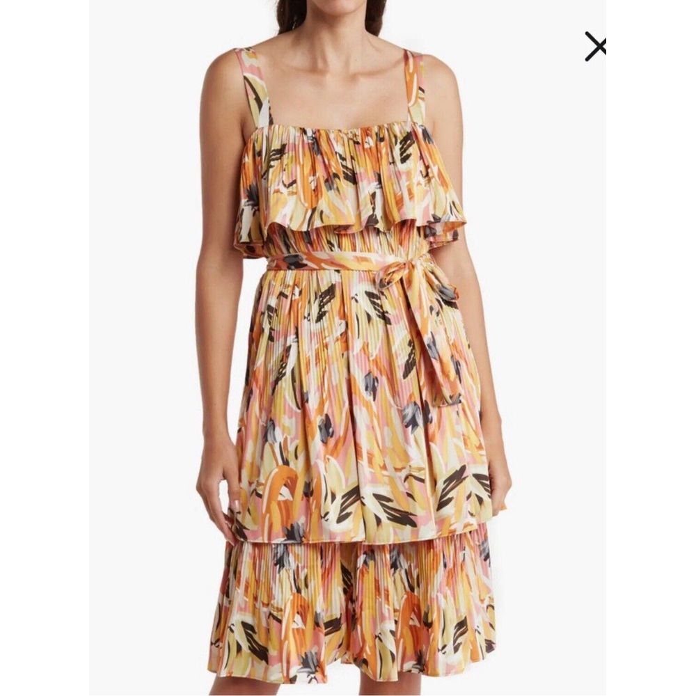 Mila Mae Nordstrom Tiered Belted Dress Size Large Pleated‎ Satin Art To Wear